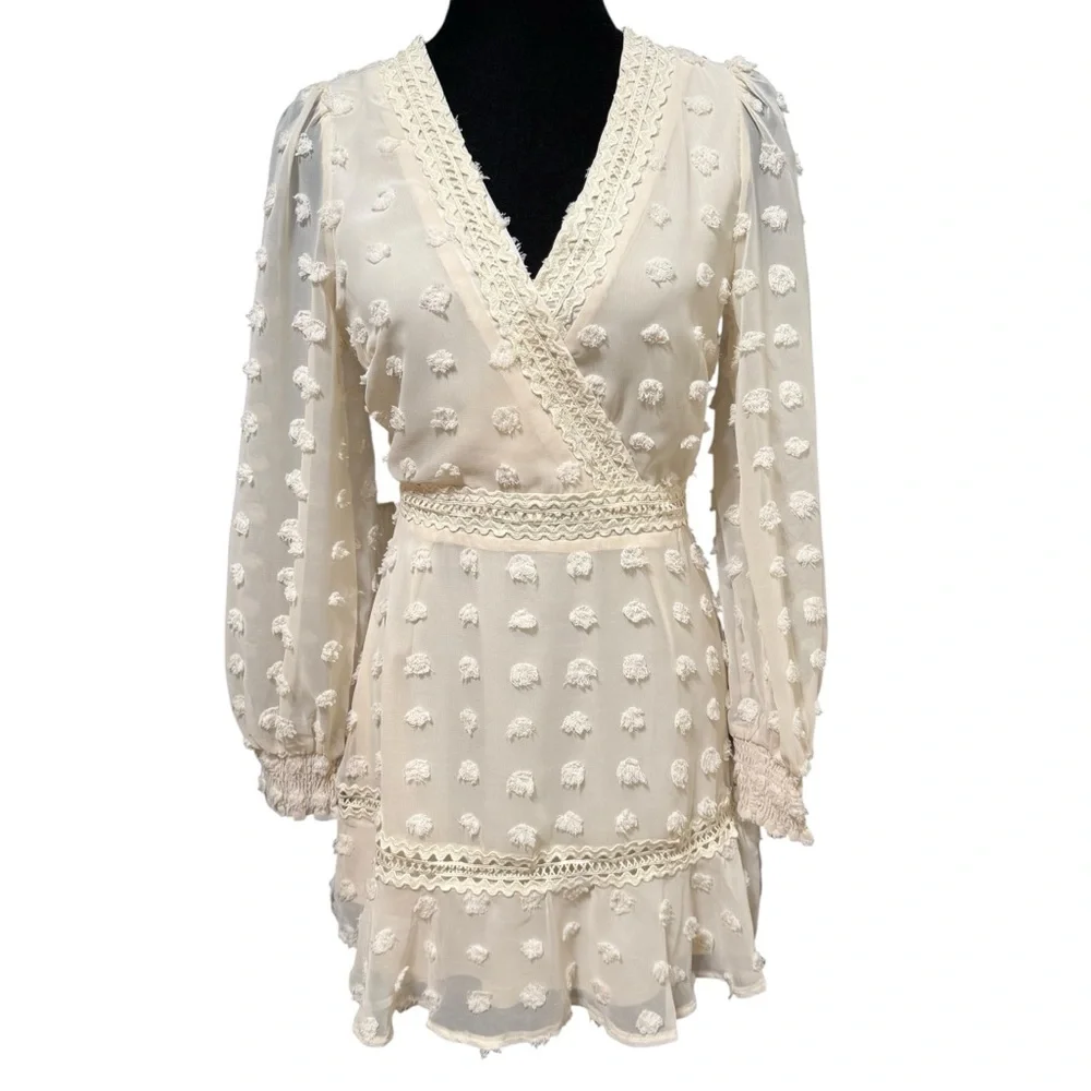 Lulus Might Be Magic Ivory Clip Dot Lace Long Sleeve Ruffle Mini Dress Small NWT - Picture 5 of 12